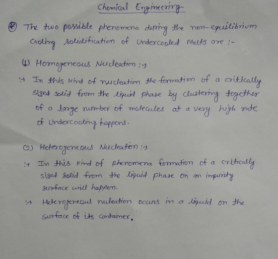 42 Chemical Engineering The two possible phenomena during the non-equilibrium Cooling solidification of Undercooled Melts are