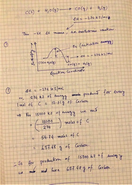 C(s) + H₂(g) H₂O(g) co(g) + SH= - 274 2 J/molf This -ve AH means, an exothermic reaction. to Ea activation energy Enthalpy AH