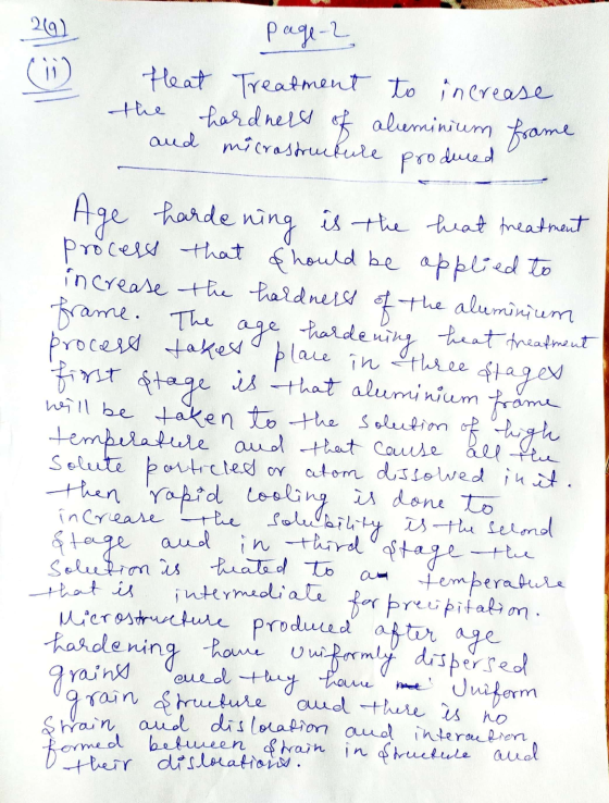 209) page-2 the Heat Treatment to increase hardness of aluminium frame and microstructure produced Age hardening is the heat