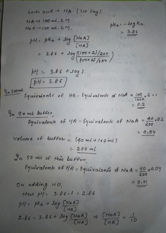 pka-log ka Na A → loond. , 2. M . 3.86 CHAJ t dog!(100 x 2.)/200 = 3.86 3.86 tJo9 1 09 pH 3.8s n 2ooml Equivalenん( of HA:Equu