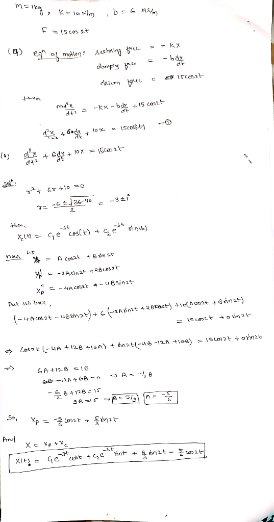 m=1kg, k=100 0 kolo N b = 6 MS/M F = 15 cos at 19) ega of motion P er of motion: restoring force clamping face criven force =