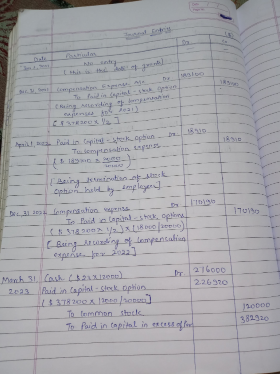 Page No Journal Entries Date Jant, 2001 Particular - No entry (this is the date of grants) 18910o 18910O Dec 31, 2011 Compens