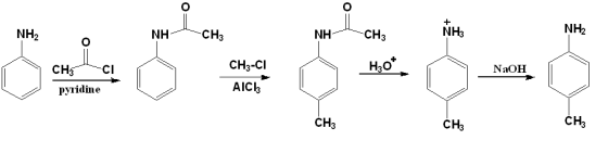 0 0 NH2 NH CH3 NH2 NH CH3 NH3 CH3-CI H30* NaOH CH3 CI Pyridine AICI: CH3 CH3 CH3