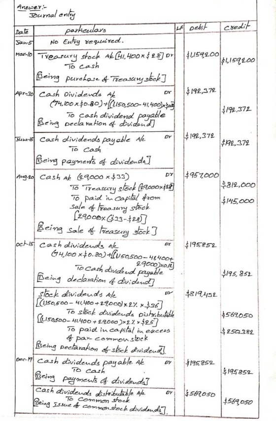 I credit Answer: Journal enlig particulars ILF Date bebit Jan-5 No Entry required. Mar-lo Treasury stocke Ak (41.400x$ 287 Dr