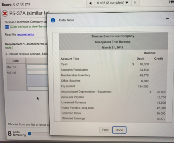 Score: 0 of 50 pts 6 of 6 (2 complete) X P5-37A (similar tel Data Table Thomas Electronics Company us1 E (Click the icon to v