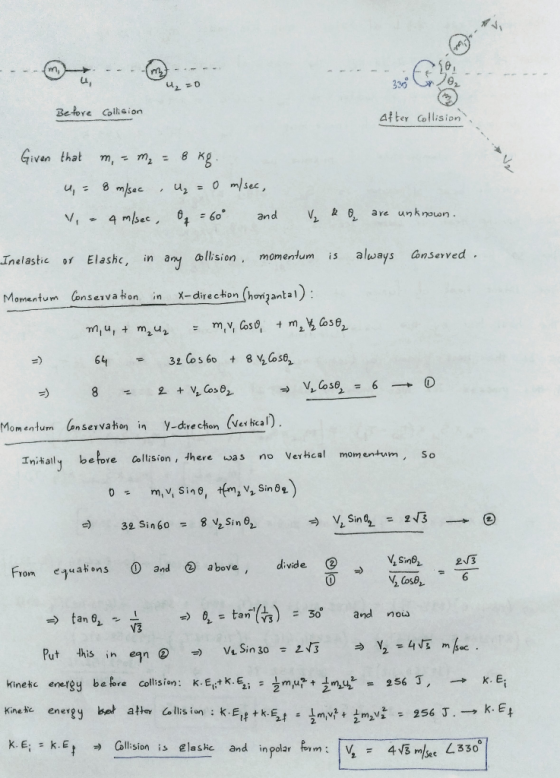 330 Be Ye Collision af ter Collision Given that m,= m2 : 8 Kg anerved always Elashc, in any allisin, momentum dense v a hon