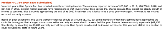 Problem 4-01 b-c (Part Level Submission) In recent years, Blue Spruce Inc. has reported steadily increasing income. The compa