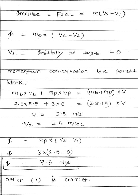 impuise = Frat ml 12-V1) î P = ( V2 - Vi ) Vi Initially at olest momentum consey votion blu pallett block, mby Vb + mpx VP (m