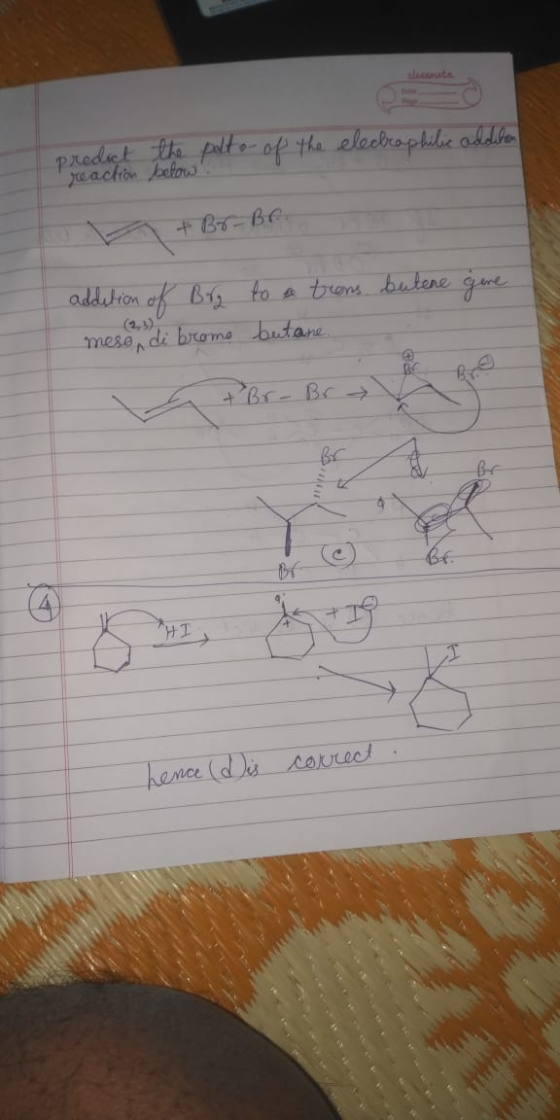 Preaction below polto- of the elecrophilic addilan a + Br-Br. addition of Bry to trans. butene gine. mese di bromo butane. +B