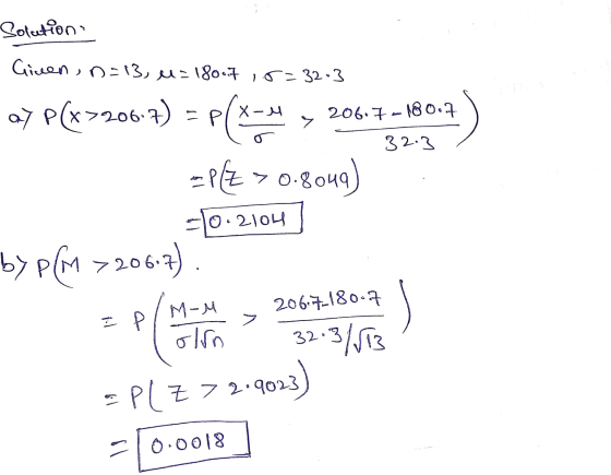 Solution Ginen, n=13, u=180.7 1.8=32-3 z 206.7 - 180.7 32.3 a7 P(x7206-2) = P(x+ APE >0.8049) -0.2104 by PCM > 206.7). M-M 20