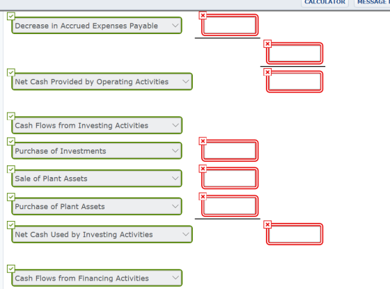 CALCULATOR MESSAGE Decreas e in Accrued Expenses ayable V Net Cash Provided by Operating Activities Cash Flows from Investing Activities Purchase of Investments Sale of Plant Assets Purchase of Plant Assets Net Cash Used by Investing Activities Cash Flows from Financing Activities