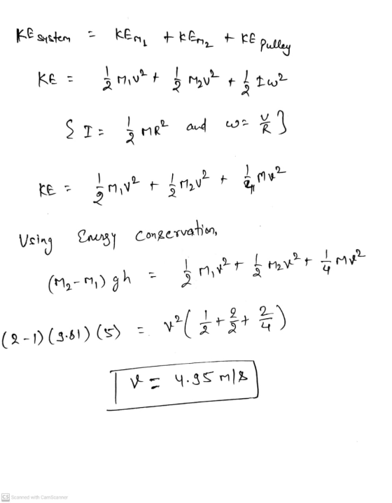 KE system - KEMI + kemat ke Pulley KE 12 Minh + 2 MU² +2 I w? { I = 1/3 Mpe and Ř Kemive travel me? not Conservation Using En