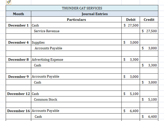Month THUNDER CAT SERVICES Journal Entries Particulars Credit Debit $ 27,500 December 1 Cash Service Revenue $ 27,500 $ 3,000