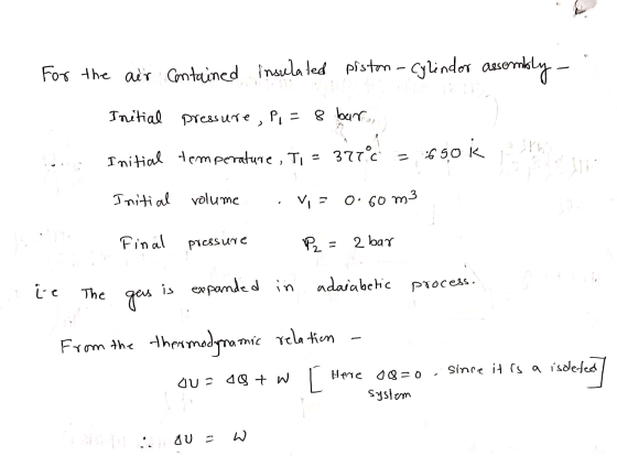 For the air contained insulated piston - Cylinder assembly Initial pressure, P, = 8 bar, Initial temperature, Ti = 377°C 65ok