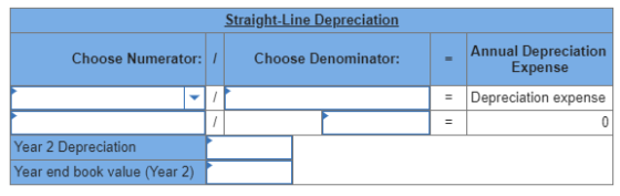 Straight-Line Depreciation Choose Numerator: Annual Depreciation Expense Choose Denominator: Depreciation expense Year 2 Depreciation Year end book value (Year 2)