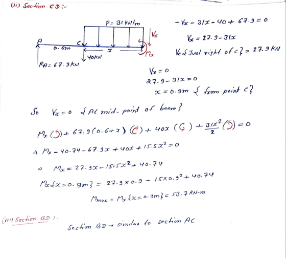 (ii) Section 00:- P=31 kNlm - Vx - 3/4-40+ 67.920 Voc 0.6m bc = 27.9-313 Ve os Just right of c? = 27.9 KN Mx YOKN Re: 7 9k Vx
