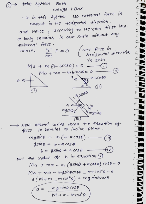 U o u take system Both wedge + Box in this system No external force is - present in the Horizontal direction . and Hence, acc