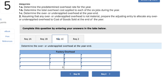 5 Requirea 1-a. Determine the predetermined overhead rate for the year 1-b. Determine the total overhead cost applied to each