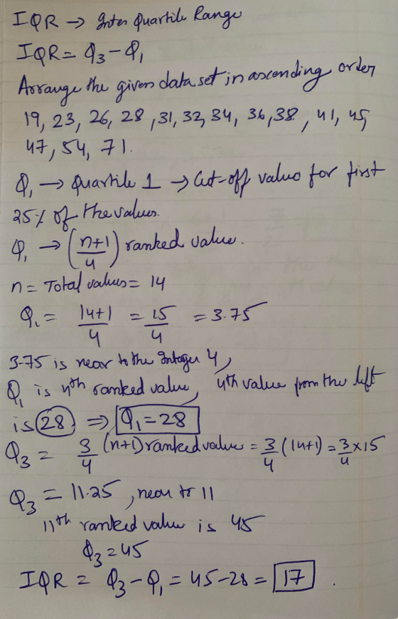orter / IQR - Inter Quartile Range IQ R = 93-Q, Arrange the given data set in asconding 19, 23, 26, 28 , 31, 32, 34, 36,38, u