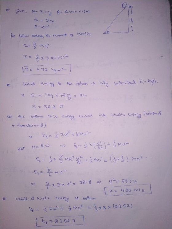 iven, Me 3 ky R=60 cme o.6m ho2m 0-25 dor thallons Shopa, e mmint inerta : 옥 MR2 3062 X 7 initial E=3 ky x 9-8 mxm E=58.8 J a