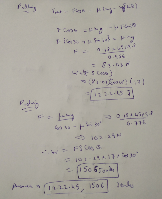Pulling Feet = Fret Floso - Ming-royo) F Coso = rng - pe Franjo I los30 the San 30} = fung F = 0.18+45 +4.8 0.956 a = 83.03N
