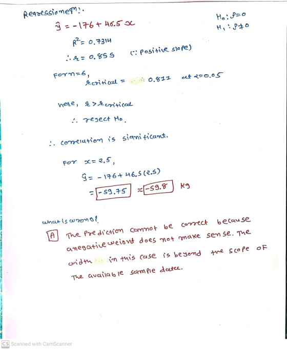 Ho: Pro H, P0 Regressionen ŷ =-176 + 46.50 R?= 0.7314 &= 0.85S (-: Positive slope) Form=6, rcritical = et a=0.05 0.811 here,