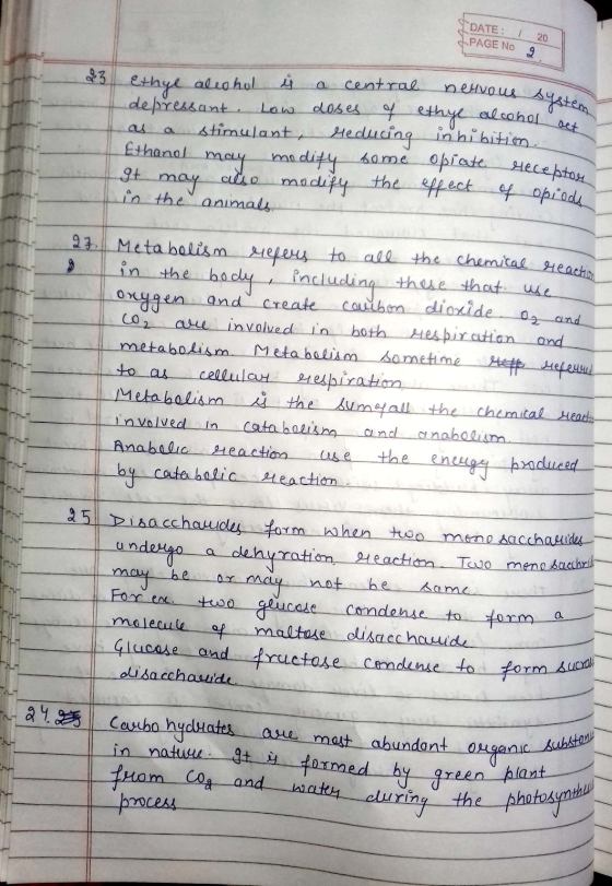 DATE: 20 PAGE No 9 енуоuѕ ДАҒer Ethyl alcohol ť a central nervous sy depressant. Low doses of ethye alcohol as a stimulantı h