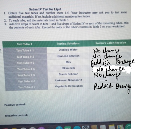 Sudan IV Test for Lipid 1. Obtain five test tubes and number them 1-5. Your instructor may ask you to test some additional ma