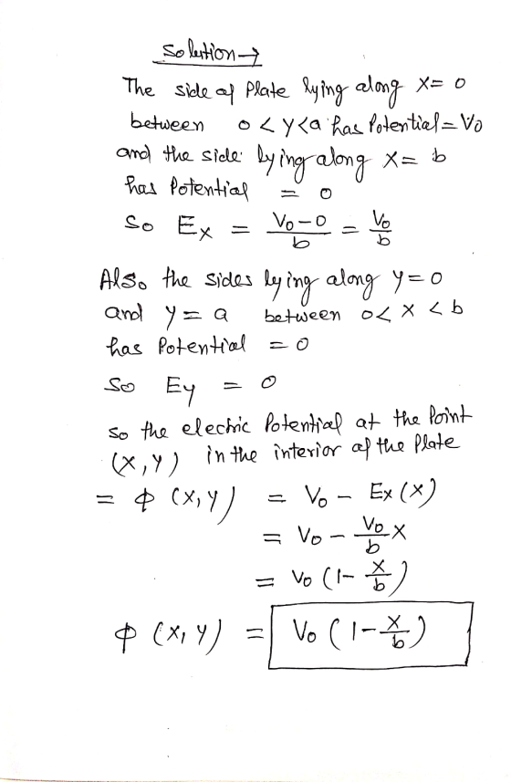 solestion between The side of plate lying along X=0 olyca has potential = Vo and the side by i lying along X= b has Potential