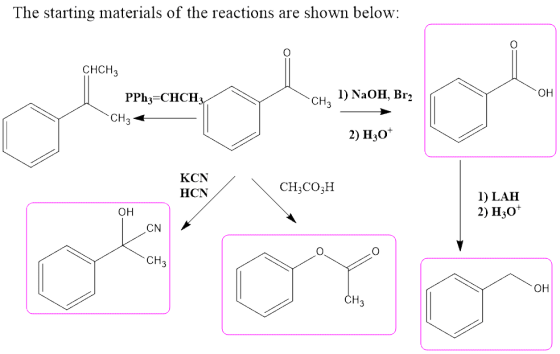 The starting materials of the reactions are shown below: CHCH3 CH, 1) NaOH, Br omyleo PPhz=CHCH. CH3 + 2) H30+ KCN HCN CH3CO3