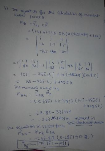 6) The aquation for the calculation of moment about point MA Tmc x = (1+73+5)x145+8° +13 ok) 11:7 15- 1-165 180 130 = 1011 -
