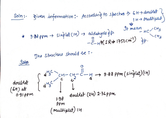\(43 son given information :- According to sbecha 6H+ doublet Ļ TH+ Multiput) * 9.88 ppm singlet (1H) → aldehyde op. It mear