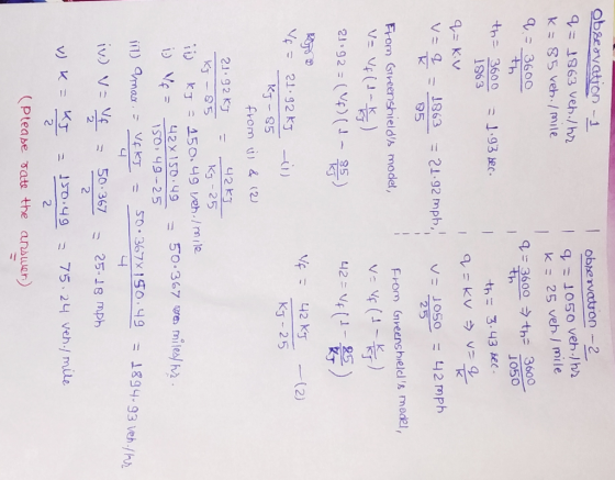 I observaton -2 Observation -1 q= 1863 ven.lhr K = 85 ven. I mile 9 - 3600 I q = 1050 ven.) hr K= 25 ven. I mile ,95*600 the