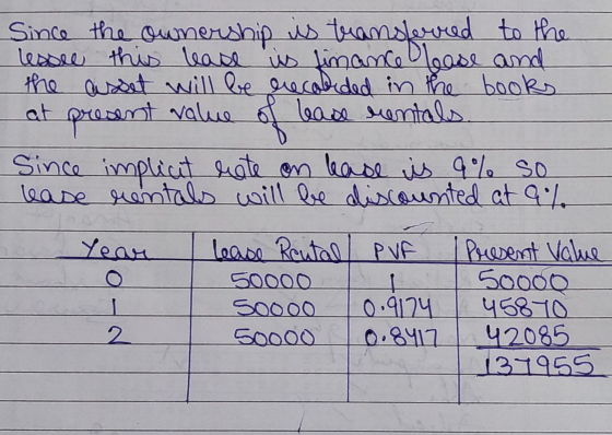 Since the ownership is transferred to the lessee this lease is finance lease and the asset will be recoleded in the books at