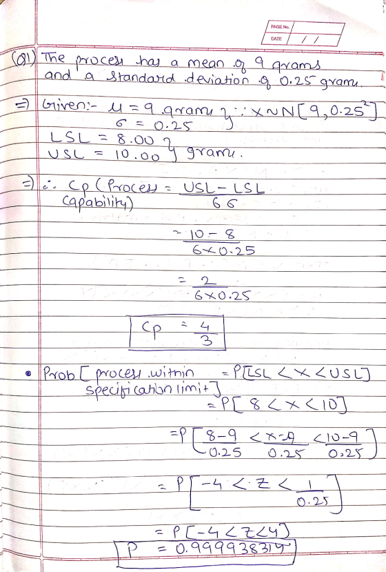 PAGE NO. DATE 6 (an) The process has a mean of a grams and a standard deviation of 0.25 gramu. 7 Given:- 439_qramy z XNN (9,0