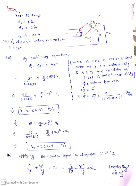 Griven, m - 30 lbm/s di = 4 in d₂ = zin Z₂-2, = 40 in mass of elbow with water, me 50dbm 0 = 30 (9). By continuity equation.