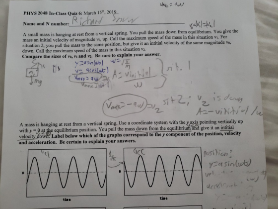 PHYS 2048 In-Class Quiz 6: March 15th, 201 Name and N number: from a vertical spring. You pull the mass down from equilbrium.