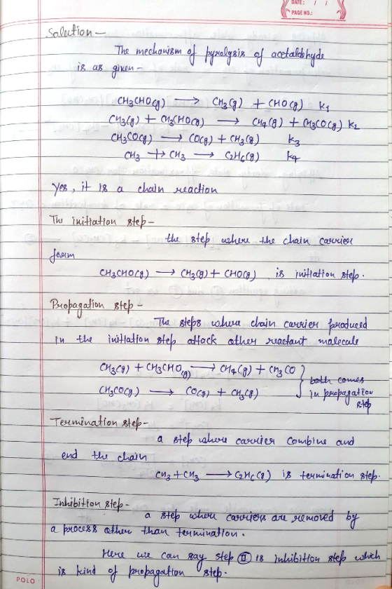 solution - The mechanism of bysalysis of acetaldehyde is as given - CH₃ CHOG) - CH₂ CG) + CHO (8) ki (13(g) + CM₂ CHOCO) CM₂