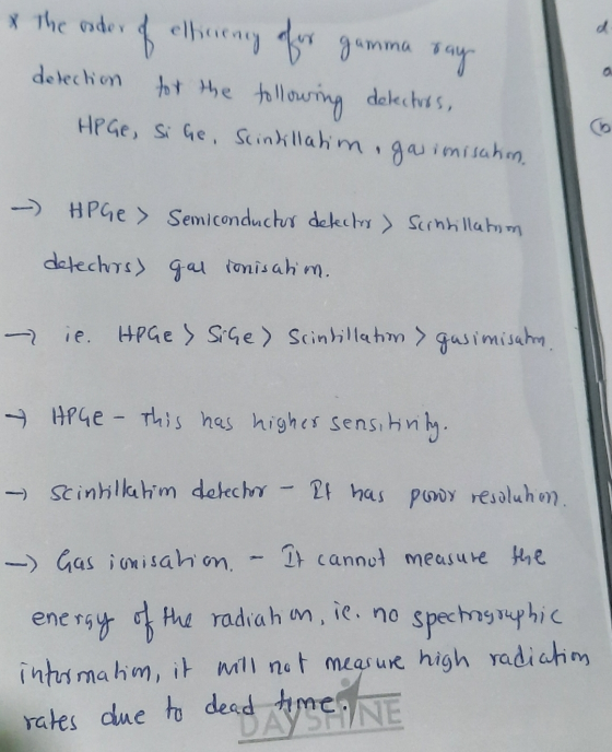 x the order of elforency of or gamma say detection for the following delectuos, HP Ge, si he, Scintillatim, gas imisation. -