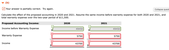 (b) Your answer is partially correct. Try again. Collapse quest Calculate the effect of the proposed accounting in 2020 and 2