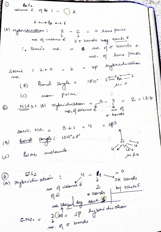 AR Be fa valence é o be: - a L no. trobe auxf (A) Hybridisation : 2 -3 = o lone paus ano. of valence é 20 bonds by eacht . St