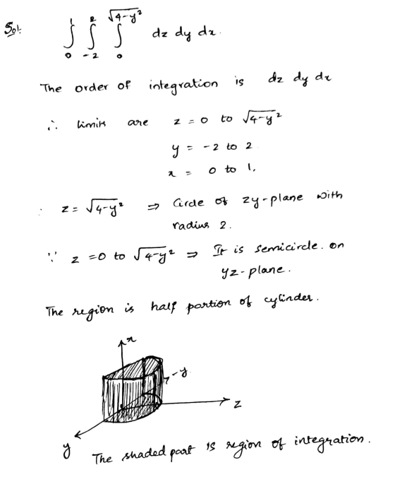 Sol. s igo dz dy de 0 - 2. The order of integration is dz dy de i limits are a=0 to 54-y2 y=-2 to 2 a = o to i : 2= 54-yz Cir