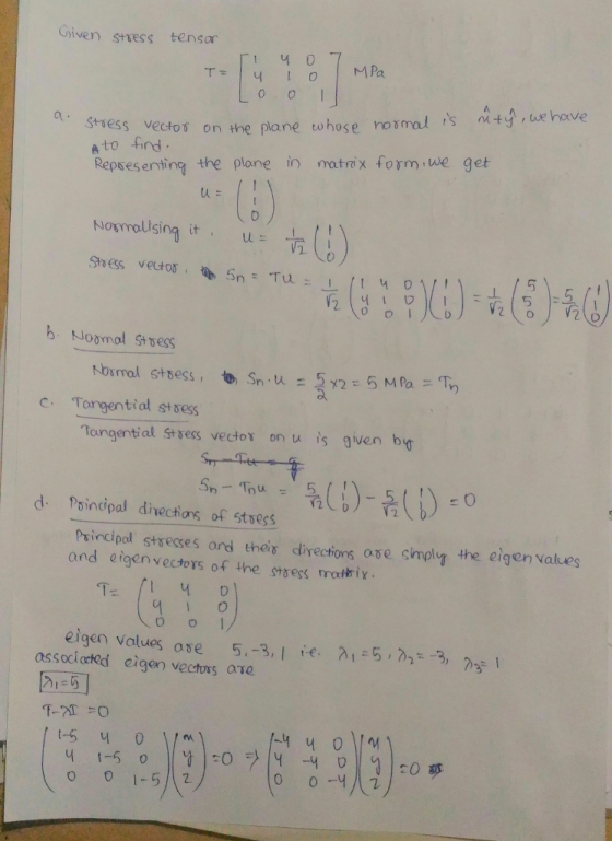 Given stress tensar hove Syess vectos on ihe plane twhose nosmals to find Repsesenting the plane in matrx form we get C) c. T