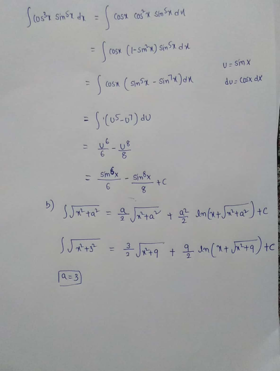Scoste sint de S Cosa Cosu sm Sadu s sco Cosy (1-smn) sin Sx du U=Smx ES cosh (sinsx - sin?) an du= cosx dx = $(05-07) du 6 u