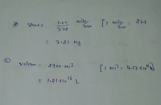 1.66 mile Speed = 1.00 mil mm [1 mile - 268 hun myyn 2,22 - 7.21 mis 3 volume = 2900 mi limi3 = 4.17X102) = 1.21x10162