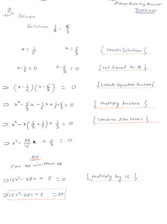 Please Rate my Answer. Thank you D sool Given Solution & 5 3 x = 1 5 u=5 3 { Given Solution *-=0 K-5 3 {set Equal to o fr {cr