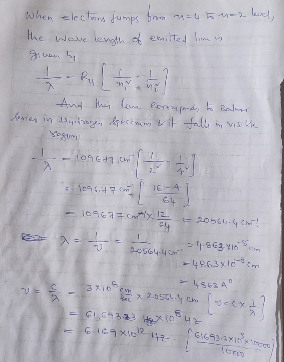 When electrons jumps from u = 4 to n=2 level, the w ave length of emitted line is. given by LR-11 And this line Corresponds t