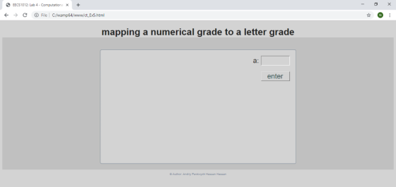 EECS1012: Lab 4- Computationa CFile C:/wamp64/www/ct Ex5.html mapping a numerical grade to a letter grade a: enter & Author A