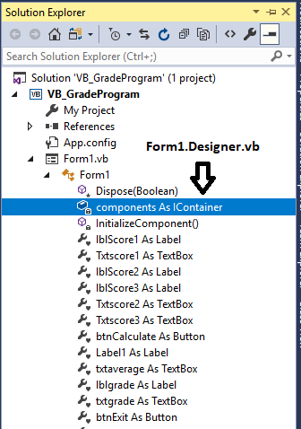 Solution Explorer Search Solution Explorer (Ctri+) SolutionVB-Gradeprogram (1 project) VE VB_GradeProgram My Project Refere