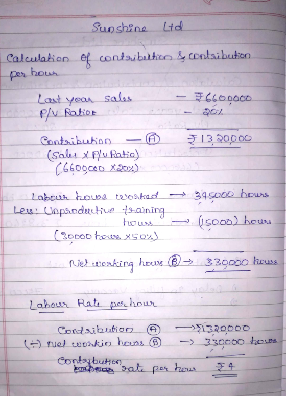 Sunshina Ltd Calculahion ef contaibatthran& contaibution bour Per sales 660000D Last year P/u Ratior 12 20000 Contribubion (S